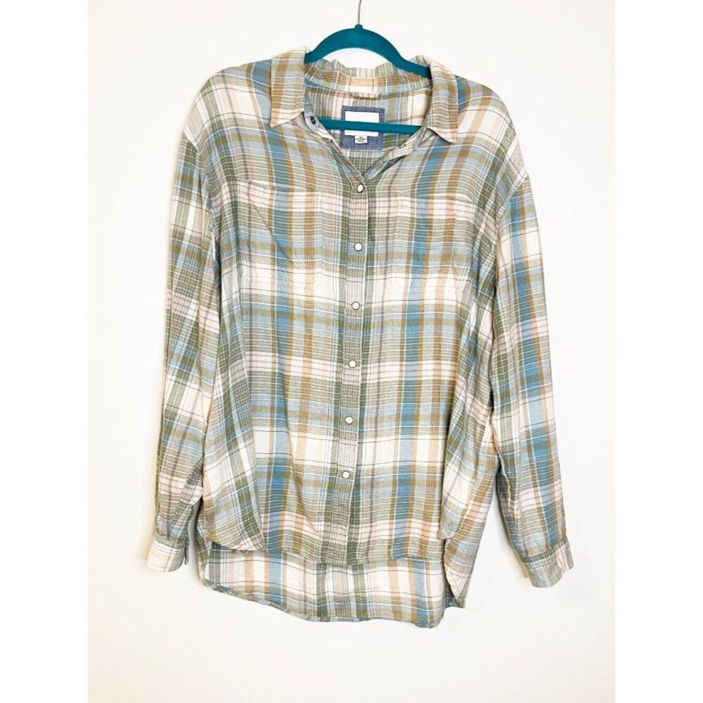 American Eagle Soft Plaid Flannel Shirt Blue Green Snap Button Boyfriend Fit L
